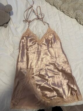 Silky Lace Trim Nude Satin Chemise